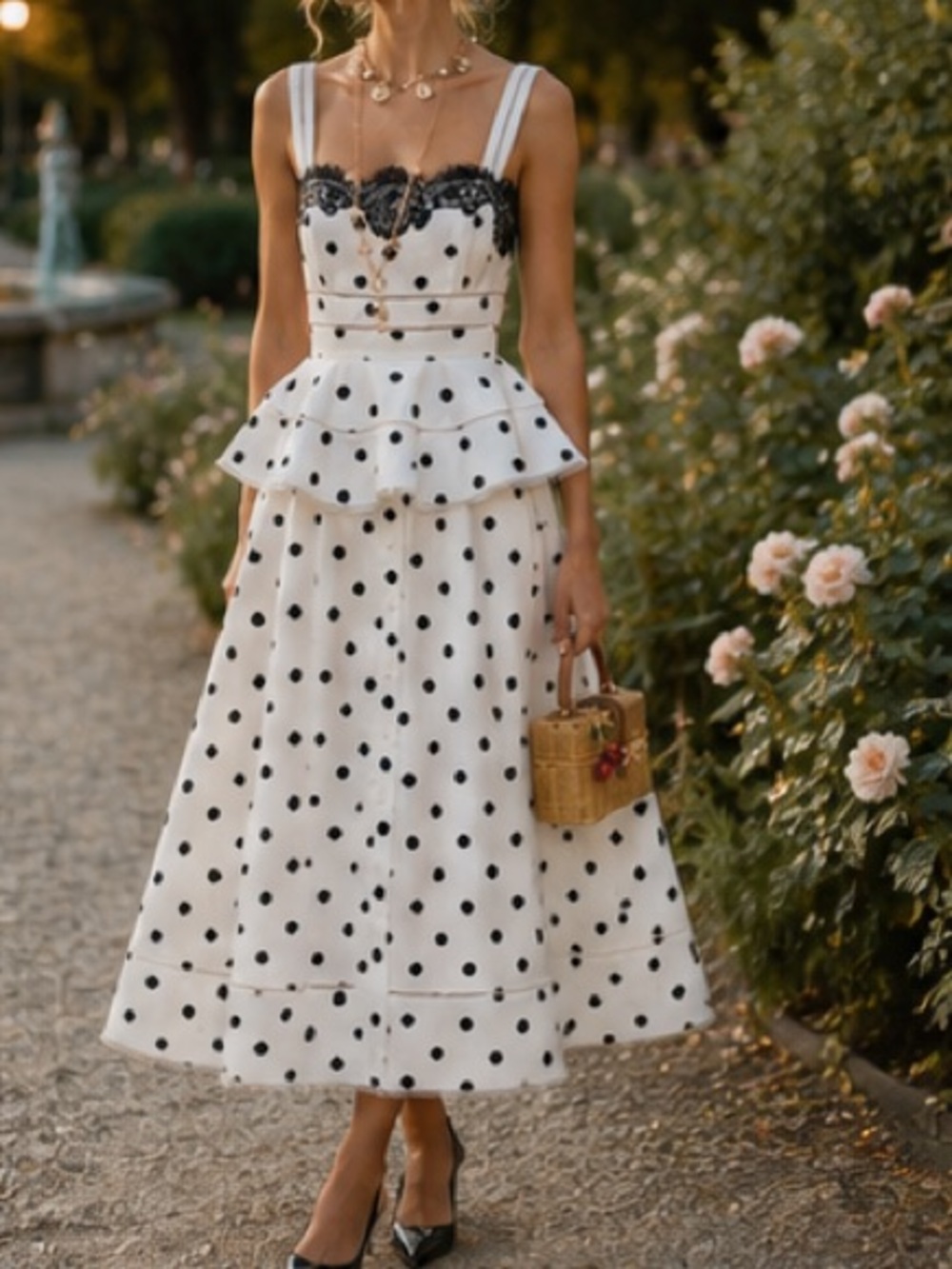 Self-Portrait White Polka Dot Midi Dress with Black Lace Trim - Picture 4 of 13